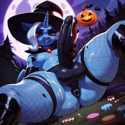 ai_generated anthro anus ass balls boots candy collar cum_on_body fishnets foreskin forest futanari gloves halloween jack-o'-lantern latex moon my_little_pony penis ponut pony thighhighs trixie_(mlp) uncut