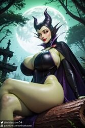 ai_generated big_breasts colored_skin crossed_legs disney disney_princess female female_focus female_only green_eyes horn maleficent stable_diffusion thick_thighs winterzone