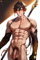 1 abs ai_generated boy genshin_impact goldenfieldszho large_pectorals looking_at_viewer male_focus male_only male_pubic_hair muscular muscular_male navel navel_hair nipples nude pectorals penis pubic_hair solo sweat zhongli_(genshin_impact)