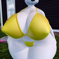 3d anthro big_ass big_breasts bikini boobs breasts breasts_bigger_than_head cheek_tuft cleavage eyes_out_of_frame female ferialexonar furry huge_ass huge_breasts outdoors outside standing swimsuit swimwear thick_thighs thighs thighs_bigger_than_head thighs_together white_fur wide_hips yellow_bikini