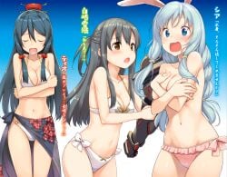 10s 3girls animal_ears arifureta_shokugyou_de_sekai_saikyou bikini black_hair blue_eyes blue_hair blush braid breast_hold breasts brown_eyes cleavage closed_eyes covering_breasts covering_privates crossed_arms embarrassed frilled_bikini frills hair_between_eyes hair_ornament hair_over_breasts half_updo halterneck highres large_breasts medium_breasts multiple_girls navel non-web_source novel_illustration o-ring o-ring_bikini official_art open_mouth pink_bikini rabbit_ears sarong shea_haulia shirasaki_kaori sidelocks sweatdrop swimsuit takayaki tio_clarce tio_klarus topless twin_braids white_bikini