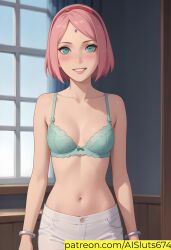 1girls ai_generated ai_sluts boruto:_naruto_next_generations bra breasts female female_only green_eyes medium_breasts milf naruto naruto_(series) pink_hair sakura_haruno sole_female