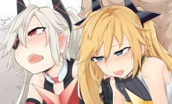 2boys 2girls black_shirt blonde_hair blue_eyes blush clear_(djmax) crying crying_with_eyes_open detached_sleeves djmax drooling ear_blush eyepatch fail_(djmax) hair_ornament highres implied_sex k0ng long_hair motion_lines multiple_boys multiple_girls oerba_yun_fang open_mouth out-of-frame_censoring red_eyes saliva saliva_drip saliva_trail shirt sweat tears tongue tongue_out torogao very_long_hair white_background white_hair white_shirt