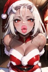 ai_generated big_lips bimbo_lips calamitas calamity_mod grey_body horns kissing new_year pov_kiss red_eyes santa_costume santa_dress santa_hat terraria white_hair witch