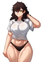 1girls abs ai_generated casual_clothes hismajestyii large_breasts muscular_female novelai panties seiko_tanaka_(hismajestyii) shirt t-shirt toned toned_body toned_female wide_hips