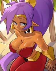 1girls arabian_clothes bandeau bare_shoulders big_hair blue_eyes bracer breasts choker cleavage clothing dark-skinned_female dark_skin earrings female genie harem_pants hoop_earrings jewelry large_breasts long_hair looking_at_viewer midriff moxydrawsmore o-ring o-ring_top pants pointed_ears ponytail purple_hair red_pants shantae shantae_(character) sitting smile solo tiara tied_hair very_long_hair wayforward