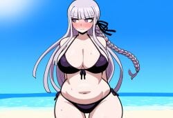 1girls ai_generated beach belly bikini blush chubby danganronpa danganronpa:_trigger_happy_havoc embarrassed kirigiri_kyouko large_breasts looking_away novelai solo_female thick_thighs wide_hips