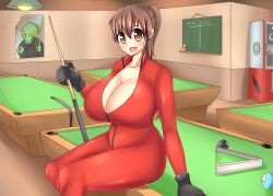 1boy 1girls aen030 ball belt billiard_ball billiards black_belt black_gloves blush board_eraser breasts brown_eyes brown_hair chalkboard cleavage commentary_request cthulhu cthulhu_mythos cue_stick curvy deity female gloves god h.p._lovecraft hakurei_reimu high_ponytail highres huge_breasts indoors jumpsuit kureha_reimu literature looking_at_viewer mythology nightmare_husbando on_table ponytail pool_table poster_(object) public_domain red_jumpsuit short_hair sitting skin_tight smile solo table touhou unworn_belt vending_machine yukkuri_to_rooru_suru_trpg zipper zipper_pull_tab