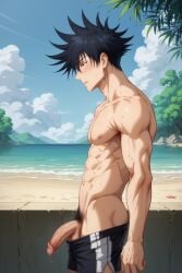 1boy abs ai_generated another_megumi bangs bara beach black_hair black_shorts blush cloud day erection fushiguro_megumi jujutsu_kaisen large_penis male_focus male_pubic_hair male_swimwear muscular muscular_male navel nipples ocean outdoors pectorals penis pubic_hair short_hair shorts sky solo spiked_hair starfish sweat testicles toned toned_male topless_male tree uncensored veins veiny_penis water