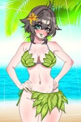 1girls beach bikini blush breasts brown_eyes brown_hair day green_eyes heterochromia latam_virtual_youtuber meica outdoors public short_hair solo_female swimsuit tagme thighs virtual_youtuber vtuber vtuberfanart wicho_mask