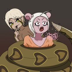 2girls assertive assertive_female coiling coils distress dominant_female femdom forked_tongue lamia monster_girl mouse mouse_girl naga original_character original_characters projectsubby rat rat_girl rattlesnake red_eyes rodent smug smug_face snake snake_girl squeezing tail tongue_out white_hair wrapped_up yellow_eyes