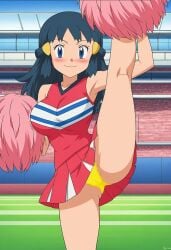 big_breasts dawn_(pokemon) hips one_leg_up pokemon pom_poms skirt_lift yellow_panties