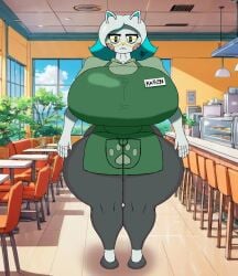 absurd_res anthro apron big_breasts bottomwear breasts camel_toe clothing domestic_cat eyewear felid feline felis female glasses glitch_productions hi_res huge_breasts karen_(smg4) madotfox mammal mature_female pants smg4 solo thick_thighs white_body