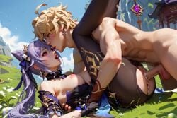 1boy 1girls aether_(genshin_impact) ai_generated big_breasts blonde_hair blonde_hair_male breasts breasts_out cum cum_in_pussy cum_inside ejaculation fat_ass female genshin_impact holding horny_female keqing_(genshin_impact) keqing_(opulent_splendor)_(genshin_impact) legs_up long_hair male male/female mihoyo nude_male on_ground outdoor_sex pleasure_face purple_hair ripped_pantyhose sex sex_on_grass straight thick_thighs vaginal_penetration vaginal_sex