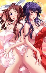 2girls apron ass_to_ass bimbo black_rainbow blue_eyes breasts brown_hair cleavage large_breasts milf multiple_girls naked_apron purple_hair red_eyes saiminjutsu_2 sakurai_sawa sisters takase_shino