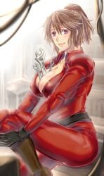 artist_request between_breasts black_gloves blush boots breasts brown_hair cleavage commentary_request female gloves hakurei_reimu high_ponytail hugging_own_legs jumpsuit kureha_reimu large_breasts looking_at_viewer ponytail purple_eyes red_jumpsuit short_hair sitting skin_tight solo touhou wrench yukkuri_to_rooru_suru_trpg