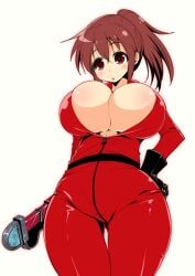 black_gloves blush breasts brown_eyes brown_hair cleavage commentary_request cowboy_shot facing_viewer female gloves hakurei_reimu hand_on_own_hip high_ponytail jumpsuit kouki_kuu kureha_reimu large_breasts looking_at_viewer no_bra ponytail red_jumpsuit short_hair simple_background skin_tight solo standing thigh_gap touhou wrench yukkuri_to_rooru_suru_trpg zipper zipper_pull_tab