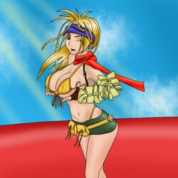 big_breasts bikini blonde_hair breast_grab breasts colored epsilon42 female female_only final_fantasy final_fantasy_x final_fantasy_x-2 looking_at_viewer rikku scarf smile solo wink