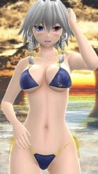 1girls 2023 3d_(artwork) armpit beach belly_button bikini blue_bikini blush breasts cleavage clouds embodiment_of_scarlet_devil grey_hair_female hati_yukkuri_mmd heterochromia human mmd one_arm_up open_mouth outdoors sakuya_izayoi short_hair_female sky solo_female solo_focus sunset swimsuit touhou waist water yellow_bowtie