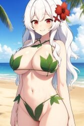 1girls beach belly_button big_breasts breasts erispheria female female_focus female_only goddess hair_ornament hourglass_figure huge_breasts leaf leaf_bikini long_hair red_eyes semi_nude smile twitch vtuber white_hair wide_hips