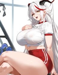 1girls aegir_(azur_lane) ai_generated azur_lane big_breasts breasts female female_focus female_only horns huge_breasts large_breasts light-skinned_female thick_thighs thighs white_hair yellow_eyes