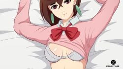 1girls animated ayase_momo big_breasts bra bra_removed breast_grab breasts_out brown_hair dandadan female light_skin lying_on_back lying_on_bed nipple_tweak nipples no_sound pov sandtiage shirt_up tagme video