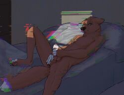 animated anthro balls bed beozar beozar_(character) bodily_fluids canid canine canis cum digital_media_(artwork) ejaculation erection feet fingers fur furniture genital_fluids genitals hand_on_penis hi_res humanoid_genitalia humanoid_penis lying male male_only mammal masturbation nude on_back on_bed pawpads penile penile_masturbation penis pillow solo spread_legs spreading tail toes wolf