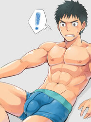 1boy abs bara black_hair blue_underwear blush bulge male male_only muscle muscles nipples pecs solo sweat topless torakichi_(ebitendon) underwear