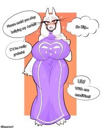 barefoot blackmail blush bullying dress furry goat_girl hand_on_breast horns huge_breasts long_lashes makeup orange_background razoruart red_eyes thick_thighs toriel undertale