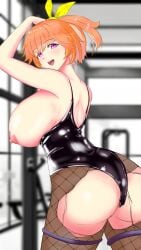 1girls gym hair_ribbon hololive hololive_english hololive_myth hopesodesirable huge_ass huge_breasts orange_hair ripped_clothing self_upload takanashi_kiara torn_legwear violet_eyes virtual_youtuber wardrobe_malfunction workout_clothes