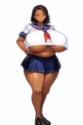 ai_generated belly belly_button big_breasts black_hair blue_skirt breasts breasts_bigger_than_head collarbone dark-skinned_female dark_skin female gigantic_breasts huge_breasts human major_chichisky massive_breasts original pleated_skirt revealing_clothes school_uniform schoolgirl schoolgirl_uniform serafuku solo sweat sweaty thick_thighs underboob