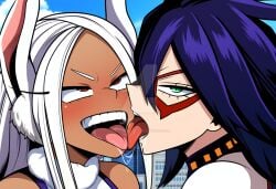 2girls ai_generated artist_request blush blush boku_no_hero_academia female female_only french_kiss midnight_(my_hero_academia) mirko my_hero_academia pleasure_face powerhouserift rumi_usagiyama tongue_kiss yuri