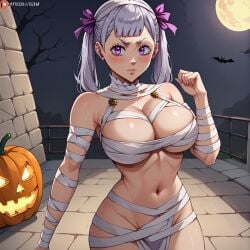 1girls ai_generated big_breasts black_clover blush breasts curvy halloween halloween_costume hourglass_figure huge_breasts large_breasts mummy noelle_silva partially_clothed partially_nude purple_eyes rubyart silver_hair skimpy thick_thighs thighs twintails voluptuous wide_hips