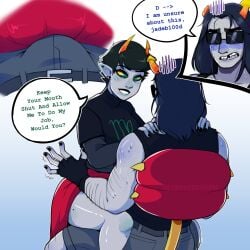 1boy 1girls alien alien_humanoid black_hair black_hair_female black_lipstick bulge cargo_shorts clothed clothed_female clothed_male colored_skin dialogue ear_piercing ear_piercings equius_zahhak fangs female glasses grey_skin headgear headwear homestuck homestuck_troll horn horns humanoid humanoid_alien kanaya_maryam lipstick long_ears makeup male piercing piercings seyerusednsfw shades sharp_ears short_hair short_hair_male shorts sunglasses sweat sweatdrop sweaty text troll vampire