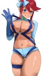 1girls absurd_res areolae big_breasts blue_eyes blush breasts cleavage clothes_lift cowboy_shot creatures_(company) cropped_jacket game_freak gloves grin gym_leader hair_ornament hi_res latina looking_at_viewer navel nintendo nipple_bulge nisakusa pokemon pokemon_bw red_hair revealing_clothes shiny_skin short_hair_with_long_locks short_shorts shorts simple_background skyla_(pokemon) smile solo standing straps striptease teasing thick_thighs thigh_gap thigh_strap thighs topknot white_background