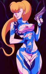 blonde_hair blue_eyes bodysuit breasts female metroid nintendo nipples pubic_hair samus_aran solo standing torn_clothes youngjaerome zero_suit zero_suit_samus