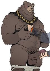 anthro balls bear ben_bigger big_penis brown_body brown_fur gay hand_on_penis human jockstrap jockstrap_down male male_focus male_only mammal muscular muscular_anthro muscular_male nipples pecs penis precum schizoid torn_clothes ursine wise_(zenless_zone_zero) yaoi zenless_zone_zero