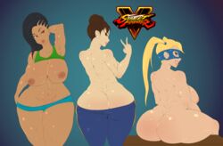 3girls asian ass ass_cleavage big_ass blonde_hair brazilian brazilian_female breasts butt_crack capcom chun-li dark-skinned_female dark_skin dat_ass female kikoshou latina laura_matsuda long_hair multiple_girls rainbow_mika street_fighter street_fighter_v undressing