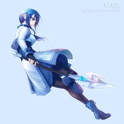 blue_background blue_eyes blue_hair clothing curry_bowl female fingerless_gloves gloves hai_to_gensou_no_grimgar highres long_hair mace merry_(grimgar) pantyhose running simple_background solo weapon