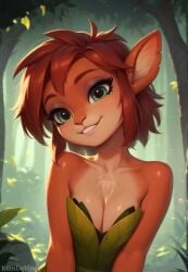 ai_generated animal_ears animal_nose anthro bangs bare_arms bare_shoulders big_head blurry blush body_fur breasts breasts_squeezed_together brown_fur brown_hair chest_tuft clavicle cleavage clothing countershade_face countershade_torso countershading cute cute_face day deer_ears dress elora eyelashes eyes female forest freckles furry furry_female grass green_clothing green_eyes grin happy happy_female head_tilt kumdevince leaf looking_at_viewer medium_breasts monster_girl nature nature_background neoteny orange_fur orange_skin original outdoors parted_lips petite plant pointed_ears raised_shoulders red_hair short_hair small_breasts smile snout solo spyro_reignited_trilogy strapless strapless_dress teeth thick_eyelashes tree trees upper_body v_arms