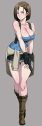 armpit_holster bangs bare_legs bare_shoulders big_breasts black_gloves blue_eyes boots breasts brown_boots brown_hair butcha-u capcom cleavage crossed_legs eroquis female female_only fingerless_gloves firearm gloves grey_background gun handgun holding holster human jill_valentine jill_valentine_(julia_voth) jpeg_artifacts large_breasts legs legs_crossed looking_at_viewer miniskirt pencil_skirt pistol resident_evil resident_evil_3 shiny shiny_hair shiny_skin short_hair simple_background skirt solo standing sweat sweater sweater_around_waist trigger_discipline tubetop v_arms weapon