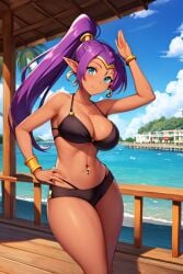 1girls ai_generated beach bikini black_bikini black_swimsuit blue_eyes bracelet breasts circlet clouds earrings gemini92 large_breasts looking_at_viewer midriff navel navel_piercing ocean outside pier ponytail purple_hair shantae shantae_(character) sky swimsuit water