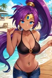 1girls ai_generated beach bikini bikini_under_clothes black_bikini black_swimsuit blue_eyes breasts circlet clouds denim_shorts earrings gemini92 hoop_earrings large_breasts looking_at_viewer midriff navel navel_piercing ocean outside pier ponytail purple_hair shantae shantae_(character) shorts sky swimsuit swimsuit_under_clothes water