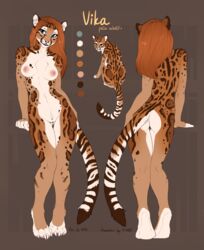 2016 absurd_res anthro ass blue_eyes brown_background brown_fur brown_hair claws english_text f-r95 feline female feral fur hair hi_res long_hair mammal model_sheet navel nude pink_nose pink_pawpads pussy rear_view simple_background solo spots stripes text toe_claws vika