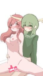 1000-nen_ikiteru_(vocaloid) 1futa 1girls anroka areolae blush censored_pussy futa_on_female futanari green_eyes green_hair green_sweater horns iki_(iyowa) iyowa_girls long_hair medium_breasts mv_character nipples partially_clothed pink_eyes pink_hair pussy sex sweater vaginal_penetration vaginal_penetration vaginal_sex vocaloid yumemiru_uroko_(voisona)