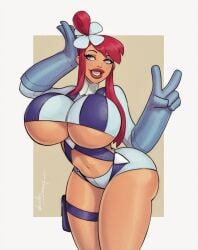 1female 1girl 1girls 2024_pokemon_teraleak big_ass big_breasts bimbo bimbofication blue_eyes breasts devil_hs huge_breasts latina nintendo peace_sign pokemon red_hair skyla_(pokemon) solo solo_female solo_focus tagme underboob v_sign