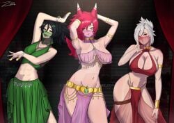 3girls accessory akali belly belly_dancer belly_dancer_outfit blush brown_eyes dancing eyeliner eyeshadow gold_jewelry green_clothing green_hair league_of_legends lipstick long_hair makeup open_mouth orange_eyes pink_clothing pov red_clothing red_hair riven sexy_armpits short_hair smiling smiling_at_viewer tongue tongue_out transparent_clothing white_hair xayah yellow_eyes zelionart