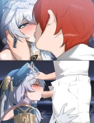 1boy 1girls blowjob blue_eyes blue_hat blue_headdress blush captain_(honkai_impact) closed_eyes eyebrows_visible_through_hair fellatio hand_on_head hand_on_leg honkai_impact_3rd kissing kneeling kneeling_oral_position red_hair saliva sweat tears theresa_apocalypse tongue_kiss white_gloves white_hair white_pants white_shirt