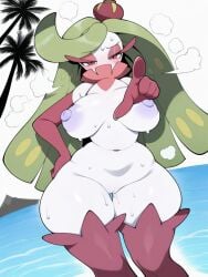 ai_generated anthrofied areolae big_breasts blush breasts looking_at_viewer multicolored_body nipples nude_female pokemon pokemon_(species) puffy_nipples pussy thick_ass thick_thighs tsareena voluptuous_female