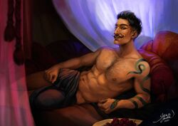 1boy 2021 abs arm_tattoo armpit_hair artist_name artist_signature bara beauty_mark biceps black_hair chest_hair curtains dark-skinned_male dark_hair dark_skin dorian_pavus dragon_age dragon_age_inquisition facial_hair galacticjonah gay_male grapes grey_eyes hairy_legs half-dressed half_naked human human_only looking_at_viewer lying lying_down mage male male_only mole moustache muscles muscular muscular_male nipples no_visible_genitalia pecs pillows shirtless shirtless_male smile smiling snake_tattoo solo solo_male tattoo video_games